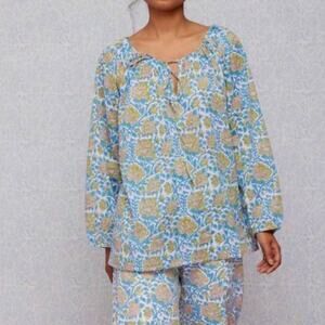 SZ Blockprints Tuckernuck IDA Cornflower Green Printed Peasant Blouse Size Small